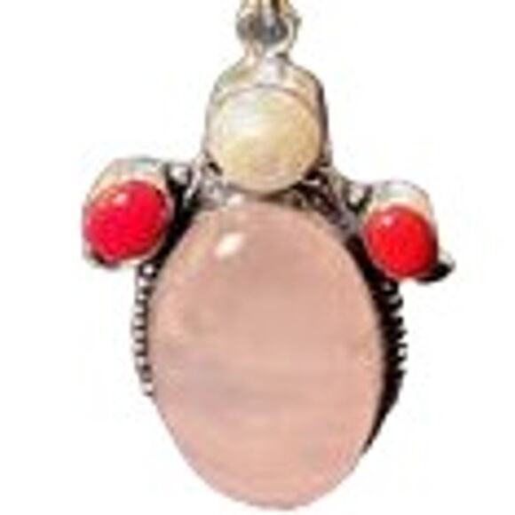 Rose Quartz & Pearl Sterling Silver Pendant Necklace with Red Jasper - Picture 12 of 12